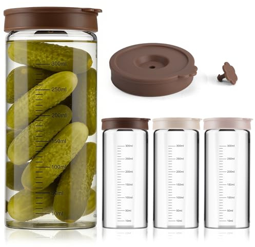 Kit de Fermentation Bocal en Verre 4 Pièces Transparent avec Graduation Étanche Sans Fuites, Résistant à la Chaleur (-20℃ à 150℃) pour Levain, Choucroute, Kimchi, Kombucha, Oats Overnight (300 ml)