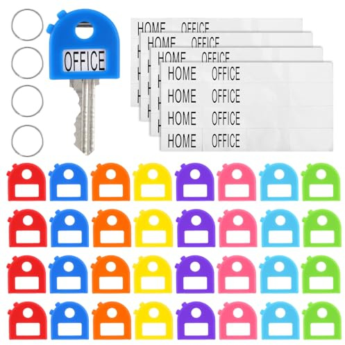 DOPENSPI 32 Pcs 8 Colours Key Cover Caps, Keys Color Tags Key Identifiers Covers with Clear Windows Organizer Caps for Regular Thin Flat Home Office Keys Includes Stickers Rings