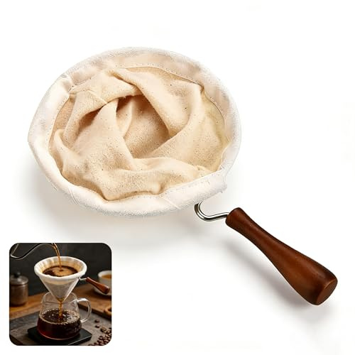 Filtros Reutilizables Colador de Café Grande de Franela Lavable con Mango de Madera Hecho a Mano Filtro Cafe Colador de Tela para Café Americano Pour Over y Té