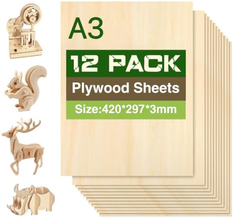 lompyeu Contrachapado de 3 mm, A3 420x297 mm, 12 Piezas de Tablones, Madera Artesanal para Tallar Madera, Manualidades de Bricolaje, Modelismo