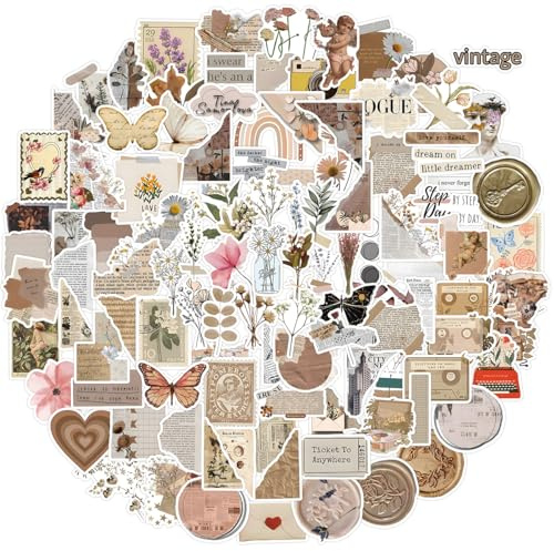 Vintage Ästhetik Sticker Set, 120 Stück Retro Scrapbooking Aufkleber, Wasserfest Vinyl Sticker für Journaling, Bullet Journal, Fotoalbum, Laptop, Handyhülle & DIY Basteln