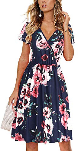 STYLEWORD Sommerkleid Damen Knielang Kleid Sommer Midikleid Kurzarm V Ausschnitt Blumenkleid Wickelkleid