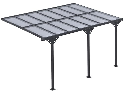 Outsunny Pergola adossée Aluminium 4,5 x 3 m avec Toit en Polycarbonate résistant UV, gouttière intégrée, tonnelle de Jardin pour terrasse Patio véranda, Gris