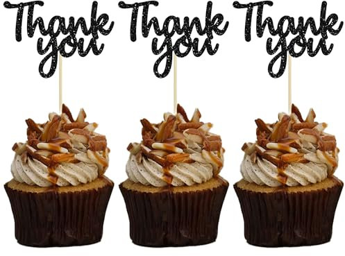 Gyufise 36 Pack Thank You Cupcake Toppers Black Glitter Thanksgiving Cupcake Picks Decorations for Baby Shower Boys Girls Birthday Party Supplies …