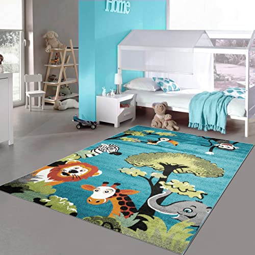 Blauer Kinderzimmer-Teppich mit niedlichen Waldtieren - perfekt für eine natürliche Atmosphäre, 200x290 cm