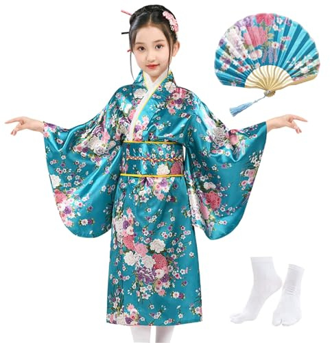 KRUIHAN Kimono Giapponese Bambino,Vestaglia Raso Bambina,Vestiti Giapponesi Ragazza,Yukata Kimono Carnevale Cosplay,Geisha Costume,con Ventaglio Pieghevole e Calze Tabi,Stile A,Turchese,140