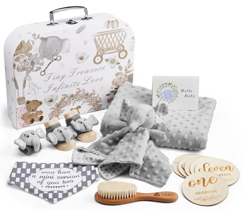 Lictin Baby Geschenke zur Geburt, 14 Stücke Neugeborenen Geschenk, Geschenk Set mit Babydecke, Baby-Sicherheitsdecke, Baby-Rassel Socken und Handgelenk, Baby-Lätzchen, Holzbürste und Meilensteine