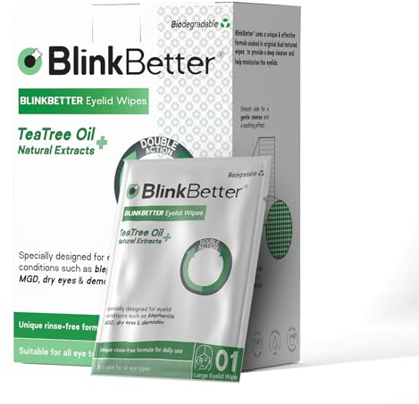 BlinkBetter Tea Tree Oil Eyelid Wipes- Natural Blepharitis, MGD & Dry Eye Relief Wipes | Cleansing, Soothing, Dual-Textured, Triple Moisture Formula | Biodegradable & Gentle - 20 Wipes