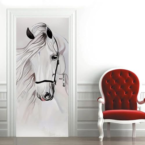 Türtapete Selbstklebend 3D Handgezeichnetes Weißes Pferd 95 X 215 Cm Türtapete Selbstklebend Türposter,Fototapete Selbstklebend 3D Pvc Türaufkleber Diy Türbild,Türfolie Poster Tapete - Türwan 0