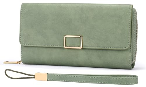 SENDEFN Damen Geldbörse, Portemonnaie mit RFID Schutz, Groß, 28 Fächer, Grün, Leder, Modern, Druckknöpfe, Frauen, WALLET