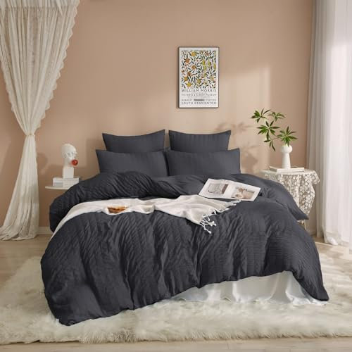 DXHOME Ropa de cama de verano Seersucker gris, 200 x 220 cm, diseño a rayas estructuradas, microfibra suave, reversible, funda nórdica con cremallera y 2 fundas de almohada de 80 x 80 cm