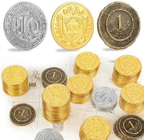 Byhoo 50 PCS Metal DND Coins, 1.2 Gold Silver Copper Tokens with Face Value for Board Game and Tabletop RPG, Fantasy Metal Coins for Pathfinder,Pirate Game Party Cosplay