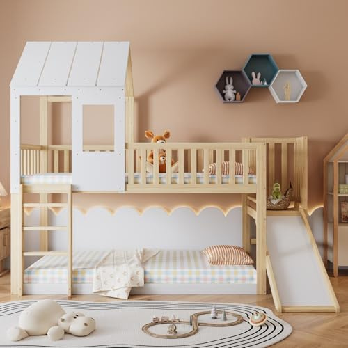 KOMHTOM Lit Superposé en Bois avec échelle et Toboggan, Lit Enfant 90x200cm avec Sommier à Lattes et Fenêtres de Toit, Cadre de lit Moderne pour Ados (sans Matelas) (Blanc-C)