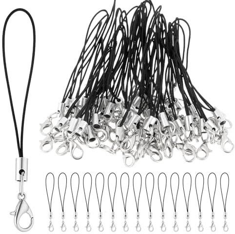 100 Stück Handyanhänger Schlaufen Mini DIY Band für Handy mit Karabiner, Einfache Lanyard, Schlüsselband Kurz Handy Schwarz Nylonband für Schlüsselanhänger Band Nylon Hängende Kette, Handys Charm Cord