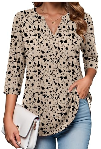 Zeagoo Womens 3/4 Length Sleeve Tops Shirts Blouse Business Work Apricot Black Floral XXL