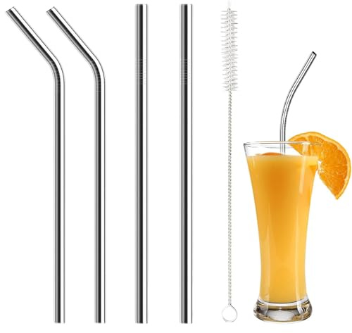 Reusable Stainless Steel Straws, Metal Drinking Straws, Bent & Straight Straws with Cleaning Brush for Cocktails Gin Glass Coffee Wine Tumblers Fruit Juice, Silver