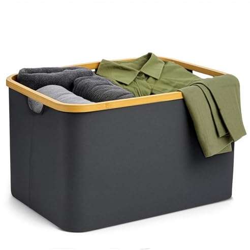 GREENSAPPIRE Foldable Laundry Basket 60L Collapsible Laundry (Black) | Laundry Hamper with Bamboo Handle, Large Fabric Laundry Storage Basket for Bedroom, Bathroom & Closet