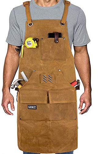 Arbeitsschürze herren,Robuste gewachstes Segeltuch Werkzeugschürze,10 Werkzeugtaschen,Schweißerschürze mit Kreuz-Rückengurten,Verstellbar M bis XXL für Garten,Keramik,Werkstatt,Garage und mehr