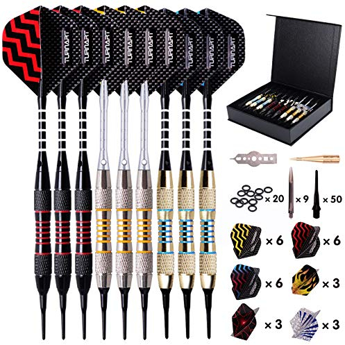 Turnart Dartpfeile mit Kunststoffspitze 9 Stück 18 Gramm mit 50 zusätzlichen Dartspitzen 20 Gummiringen 27 Flügen 9 PC-Wellen Werkzeugsatz für Elektronische Dartscheibe (Golden)