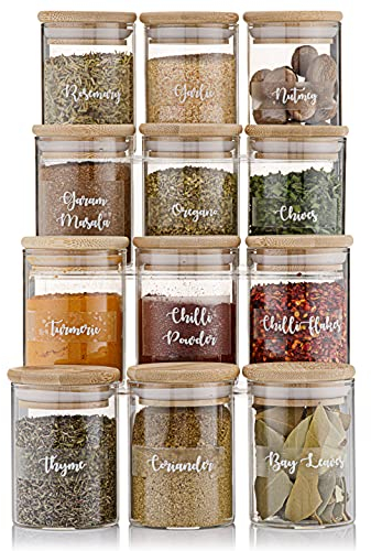 STORAGE MATTERS Glass SPICE JARS with lids and labels Mrs Hinch style SMALL seasoning containers 12x150ml Airtight kitchen organisation