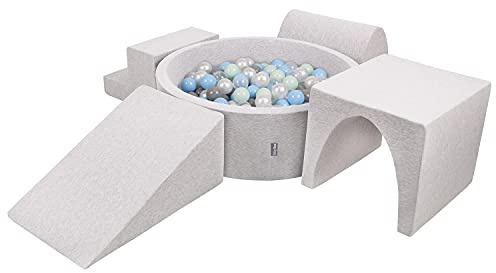 KiddyMoon Parque Infantil De Espuma con Rodondo Piscina De Bolas (300 Bolas) para Niños, Gris Claro:Perla/Gris/Transparente/Azul Clr/Menta