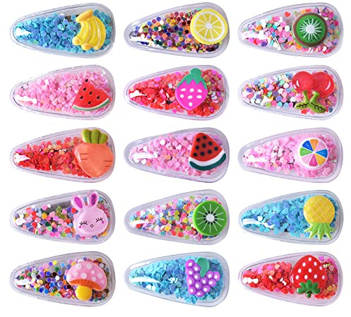 Pinsheng 15 Stück Haarspangen für Mädchen, glitzernde Pailletten, niedliches Obstmuster, Mini-Haarklammern für Kinder und Mädchen