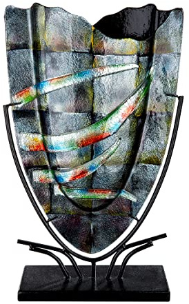 GILDE GLAS art Vase décoratif en Verre avec Support en métal - Cadeau pour Femme Anniversaire Saint Valentin Fête des mères - Couleur : Gris - Hauteur 48 cm