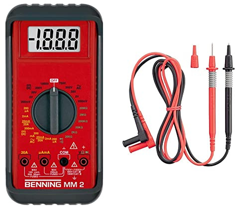 Benning MM 2 Digital-Multimeter (mit digitaler Anzeige, Max. Spannungsmessbereich DC 1000 V, inkl. Gummischutzrahmen, Tasche) 44028 & Sicherheitsmessleitungen mit 2 mm Messspitze,044146, Rot/Schwarz