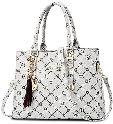 DORRISO Damen Handtasche aus PU Leder, elegante Schultertasche Umhängetasche mit Muster und abnehmbarem Gurt, große Tasche für Arbeit, Shopping, Alltag und Reise Beige Weiß B