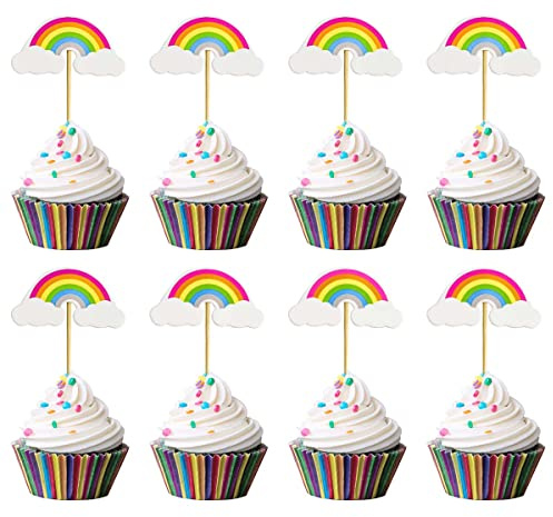 24 Pieces Rainbow Cupcake Toppers Rainbow Theme Birthday Party Cake Topper Rainbows Dessert Decoration Colorful Baking Cake Decorations Baby Shower Supplies Cupcake Picks for Girls & Boys