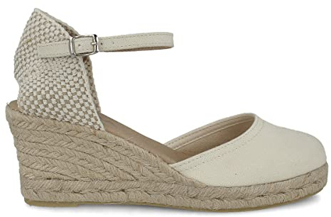 PAYMA - Sandali con Zeppa in Juta da Donna. Prodotto in Spagna in Tela. Chiusura con Fibbia alla Caviglia. Suola Interna Imbottita in Tessuto. Colore: Beige. Taglia: EU 39