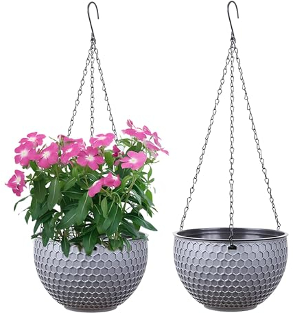 YuanDiann Hängende Blumentöpfe 2er Set, Selbstbewässerung Hängepflanztöpfe mit Wasserspeicher & Ablaufloch Bienenwabe Blumenampel mit Rostfrei Ketten für Innen Außen Decken Balkone Deko Grau L