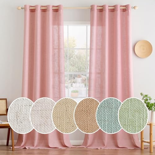 MIULEE Gardinen Leinen mit ösen Halbtransparent Vorhänge Rosa 225x140 cm | 2er Set, Leinenoptik Modern Voile Ösenvorhang, für Wohnzimmer Kinderzimmer Raumteiler, schlaufenvorhang