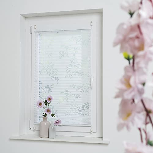 Klemmfix-Plissee mit ausgebranntem Äste-Motiv, halbtransparent, ohne Bohren oder Schrauben, inkl. Klemmträger, Breite: 45 cm/Länge: 130 cm, Farbe: weiß