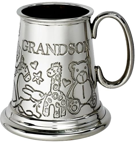 I LUV LTD Zinn Krug Viertel Pint Enkeltasse mit Tierspielzeug-Design auf der Vorder und Rückseite des Körpers zur Taufe