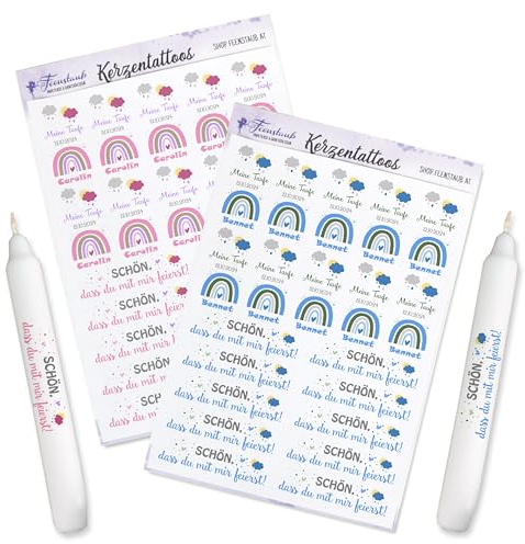 FEENSTAUB Kerzen Tattoos für die Taufe, personalisierte Gastgeschenk selber machen, Aufkleber für Kerzen, DIY Taufkerze Regenbogen, Give-Aways gestalten, bedruckte Folie für Kerzen