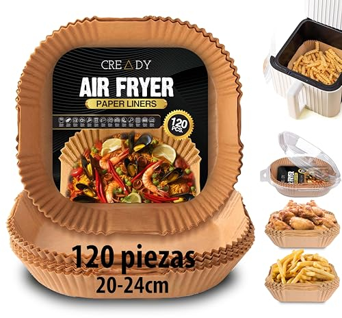 CREADY® Carta Forno per Friggitrice ad Aria Extra Spessa Premium 100 Pezzi [20-24CM] | accessori friggitrice ad aria | carta per friggitrice ad aria | contenitori per friggitrice ad aria