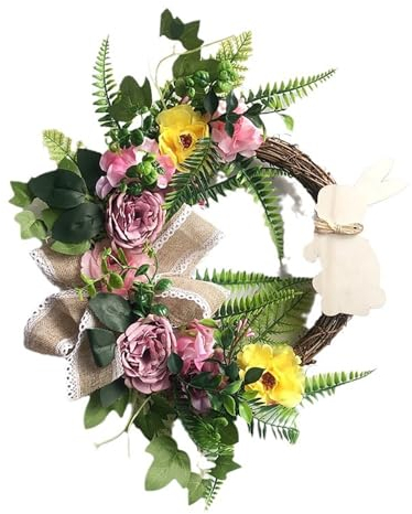Ostern Blumenkranz Deko Hase Türkranz Haustür Osterkranz, Türdekoration, 30,5 cm, Frühlingskranz mit Häschen, Schule, Vintage-Türhänger für Zuhause, bunt, Deko Frühling Ostern (Pink, One Size)
