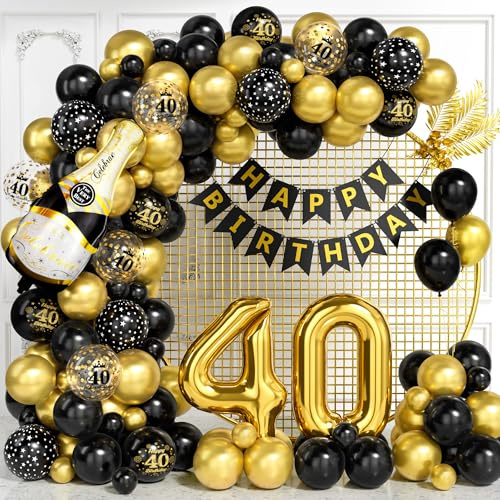Décorations pour 40e Anniversaire, Kit Arche Ballons Noir Doré avec Ballons Foil Numéro 40, Ballons Imprimés, Bannière Joyeux Anniversaire pour Homme Femme, Décorations Fête Noir Or pour 40 Ans