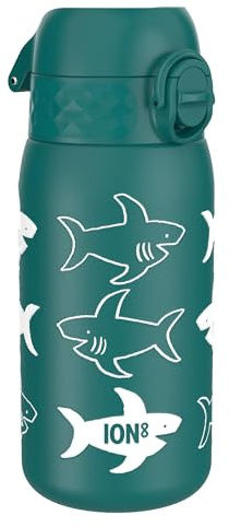 ion8 Isolierte Edelstahl-Trinkflasche, 320 ml, Auslaufsicher, Einhandöffnung, Sichere Verriegelung, Spülmaschinenfest, Klappdeckel, Tragegriff, Leicht zu Reinigen, Langlebig, Haie