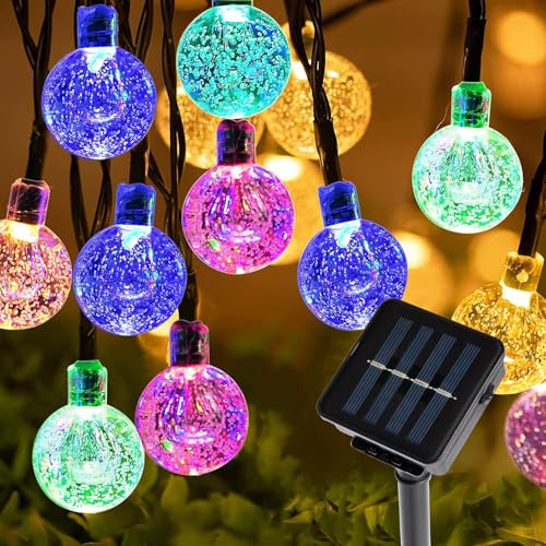 Solar Lichterkette Aussen 12M 100LED Kristall Kugel Lichterkette mit 8 Modi, IP65 Wasserdicht Beleuchtung, Solar Kugeln Lichterkette für Balkon Terassen Garten Weihnachten Hochzeiten