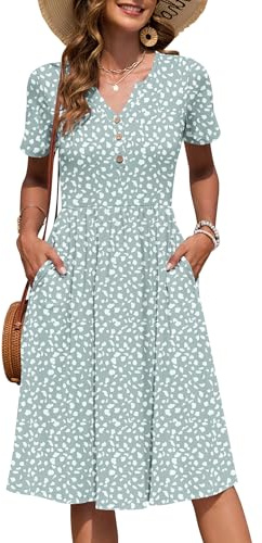 AUSELILY Women's Summer Short Sleeve V Neck Midi Dresses with Pockets