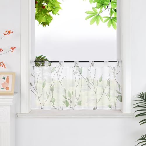 HeichkelL Scheibengardine, Bistrogardine mit Blätter, Grün HxB 60x90 cm | Transparente Gardine Kurzstores Bedruckt Scheibenvorhang mit Schlaufen