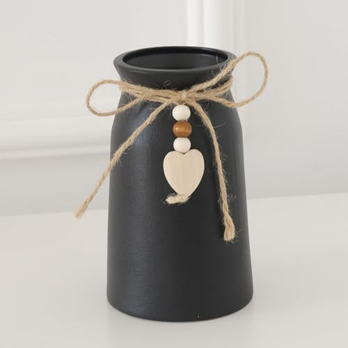 HOPEME Keramikvase mit Juteseil und Herzanhänger, Bauernhaus- und Boho-Dekor, schwarze Vase für Blumen, Pampasgras und künstliches Grün, 15,2 cm