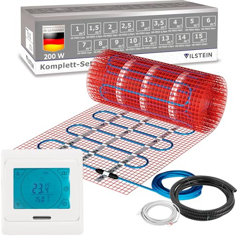 VILSTEIN Elektrische Fußbodenheizung 200W/m² – IP67 Turbo-Heizmatte | geeignet für Fliesenboden, Laminat & mehr, Twin Technologie, 4mm dünn, Touchscreen-Thermostat 16A, Komplettset 7m²