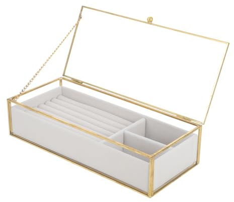 LIFKOME Joyero con bandejas de terciopelo y vitrina de cristal transparente, caja de joyería para mujer, almacenamiento organizado para pendientes, collares y anillos, tamaño compacto dorado