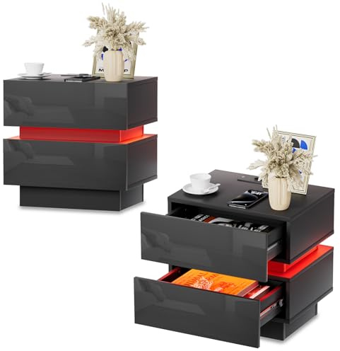 EXSELTMAN Nachttisch Schwarz 2er Set, Nachtschrank mit Led Licht und Steckdose, 2 AC-Steckdosen, 2 USB-Anschlüsse,Modern Minimalistisch für Schlafzimmer Wohnzimmer 45x35x46cm