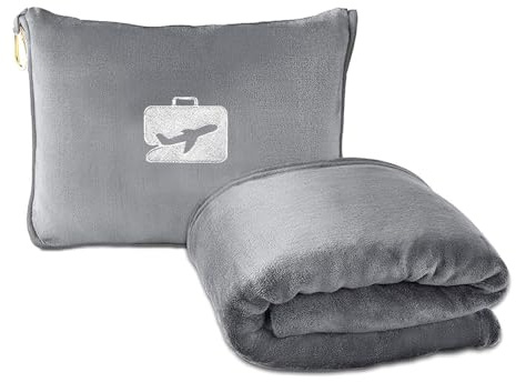 LUFEIS Travel Blanket and Pillow, 2 in 1 Airplane Blanket with Soft Bag Pillowcase, Portable Travel Blankets with Hand Luggage Belt and Backpack Clip, Ideal for Long Flights, Camping (Grey)