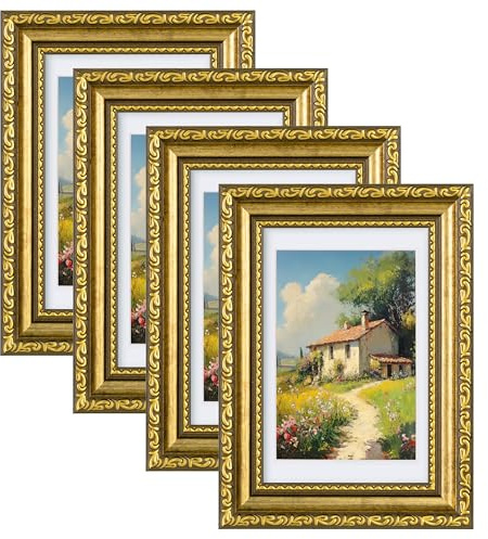 HBselect 4er Bilderrahmen Set 10x15cm Gold Fotorahmen, 10x15cm rustikaler Retro-Fotorahme, Vintage Kunststoffrahmen im Barockstil