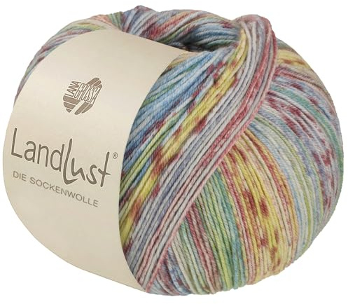 LandLust die Sockenwolle Seide 331 - Hellgrün/-blau/Ziegelrot/Vanille/Ecru/Altrosa/Hellgrau Gestreift
